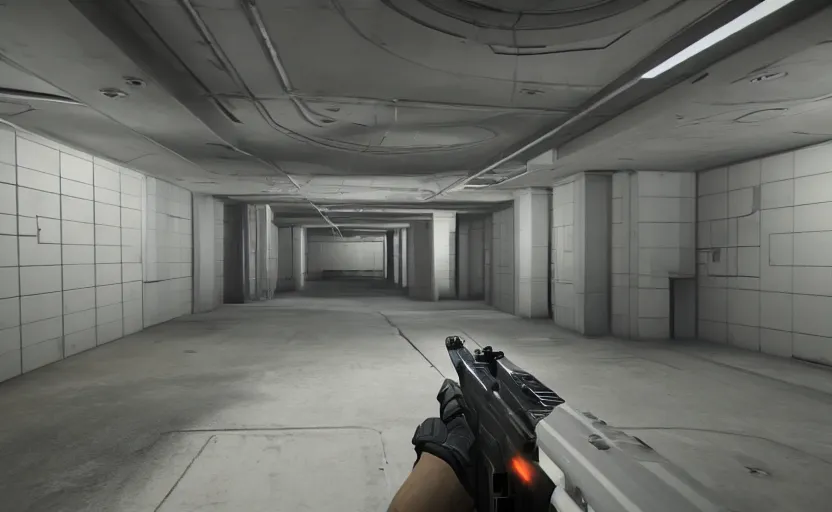 Image similar to in - game screenshot of a first person shooter on unreal engine 5, narrow modern hallways of a secret government facility, white dry wall, photorealistic, retrofuturism