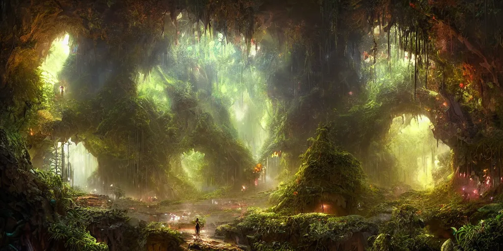 Image similar to a digital painting of a cave entrance in a mystical forest with vines hanging from trees, fireflies glowing in various colors, desaturated, a detailed matte painting by stephan martiniere, cgsociety, fantasy art, matte painting, concept art, fractalism