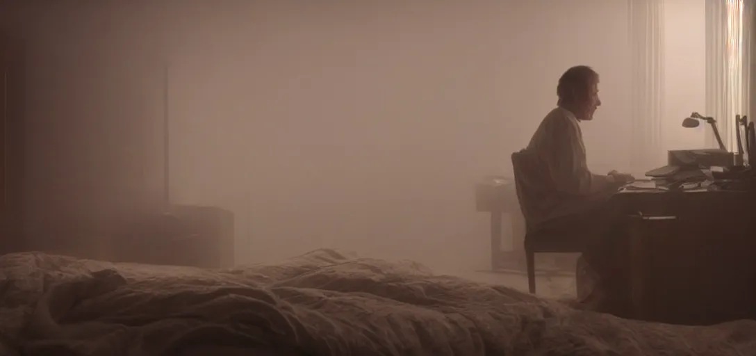 Prompt: an isolated man sitting at his computer in his bedroom, foggy, cinematic shot, photo still from movie by denis villeneuve, wayne barlowe