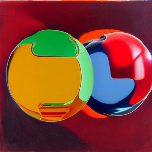 Prompt: chrome spheres on a red cube, tempera