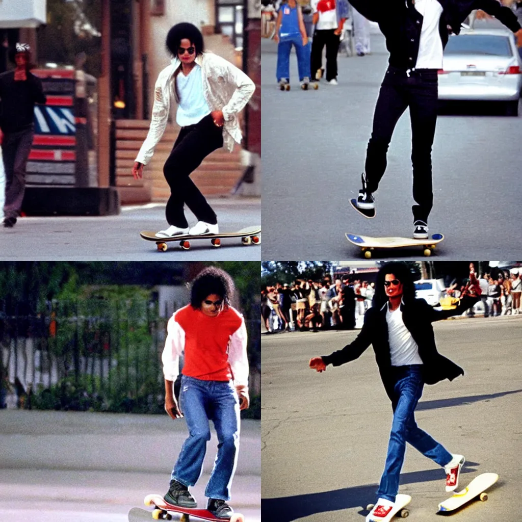 Prompt: Michael Jackson moonwalking on a skateboard with a Pepsi