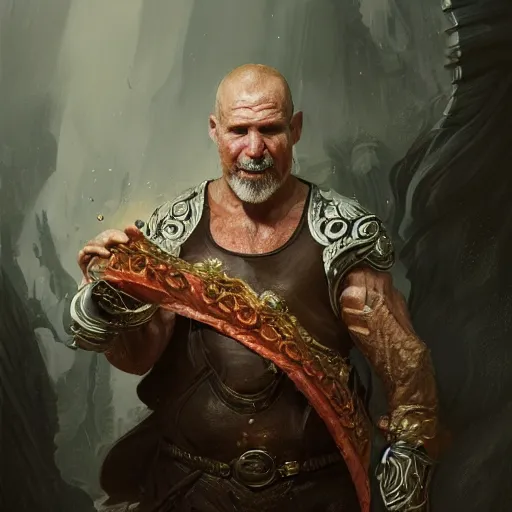 Image similar to portrait of a 6 0 year old male fighter eating beef jerky, fantasy, intricate, elegant, highly detailed, digital painting, artstation, concept art, matte, sharp focus, illustration, art by aenaluck and roberto ferri and greg rutkowski, epic fantasy, digital painting