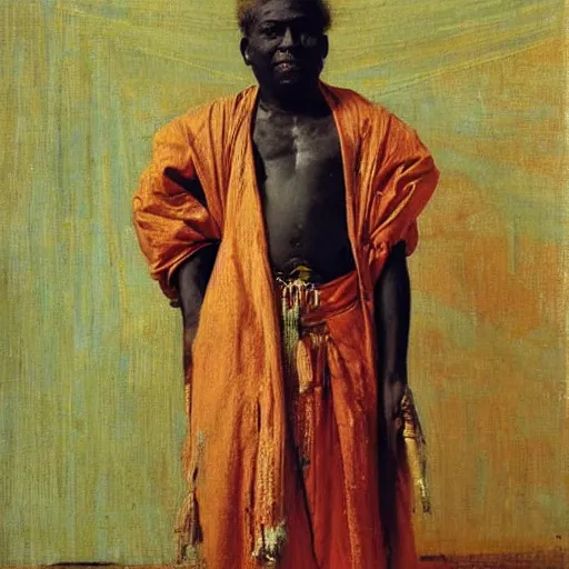 Prompt: king of dahomey dressed lightly in airy robes, 1905, brightly coloured oil on canvas, by ilya repin