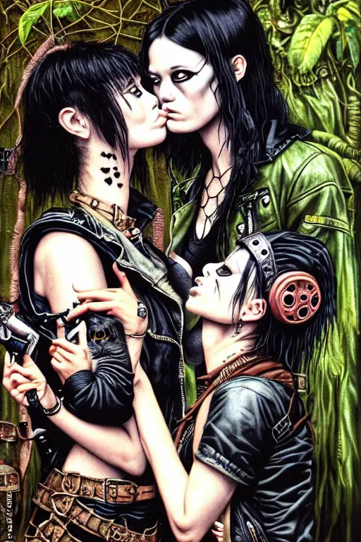 Image similar to punk rock girls kissing and making selfie with black cats in jungle , 1980 style by by Ayami Kojima, mad max jacket, post apocalyptic, Cyberpunk, renaissance, Gothic, mystic, highly detailed, digital painting, 4k, fog, oil painting by Leonardo Da Vinci, hyper realistic style, fantasy by Olga Fedorova