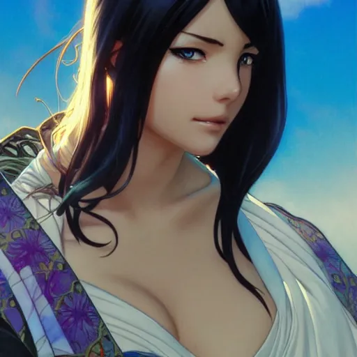 Image similar to highly detailed vfx portrait of nico robin by eiichiro oda, makoto shinkai, alphonse mucha, sharp focus, art by artgerm and greg rutkowski!, backlit, harsh overhead sunlight, blue eyes, stanley kybric, takeshi obata, kaoru mori, pixiv, fanbox,