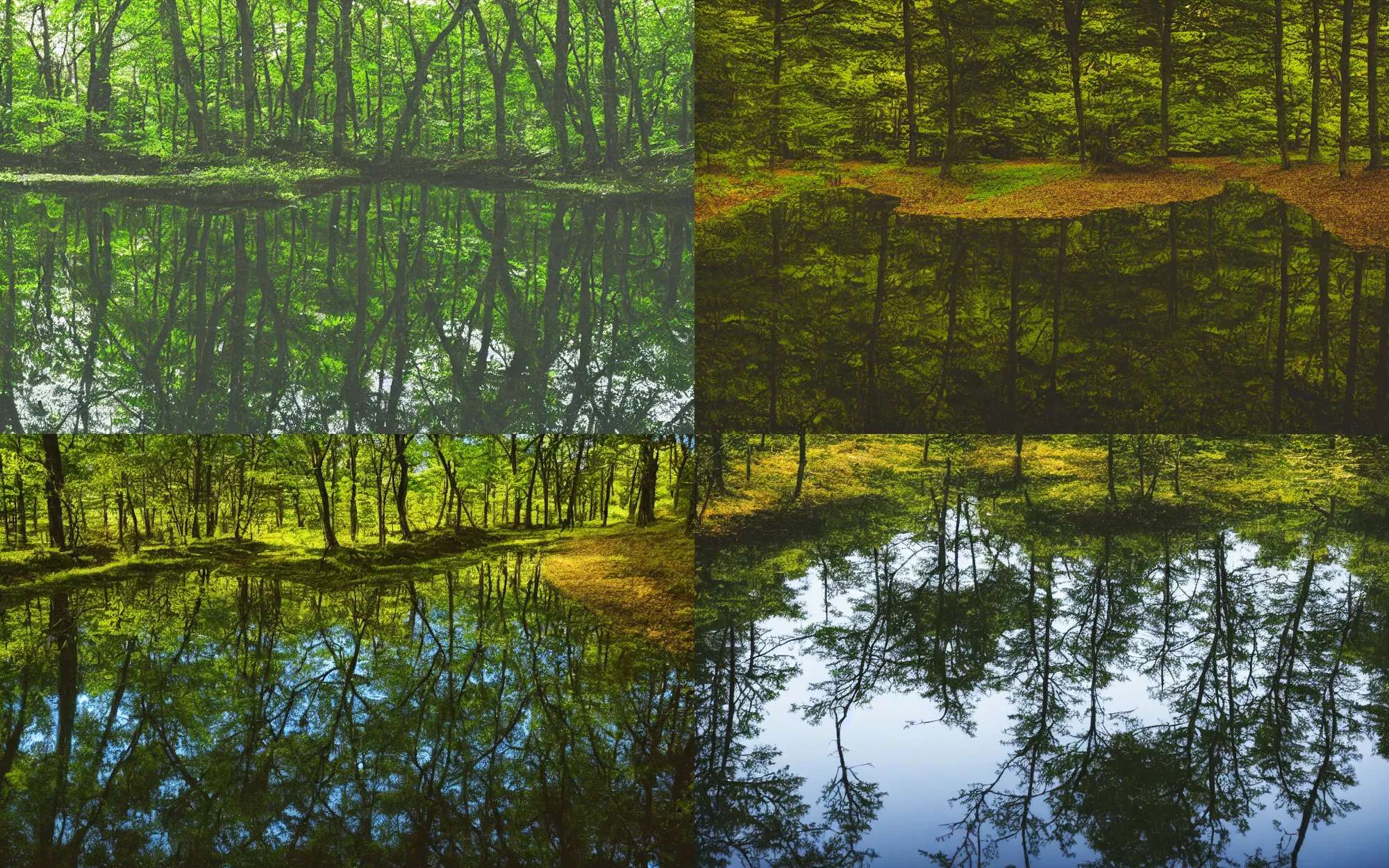 Prompt: A reflective puddle in a forest, in the style of ihiroshi nagai