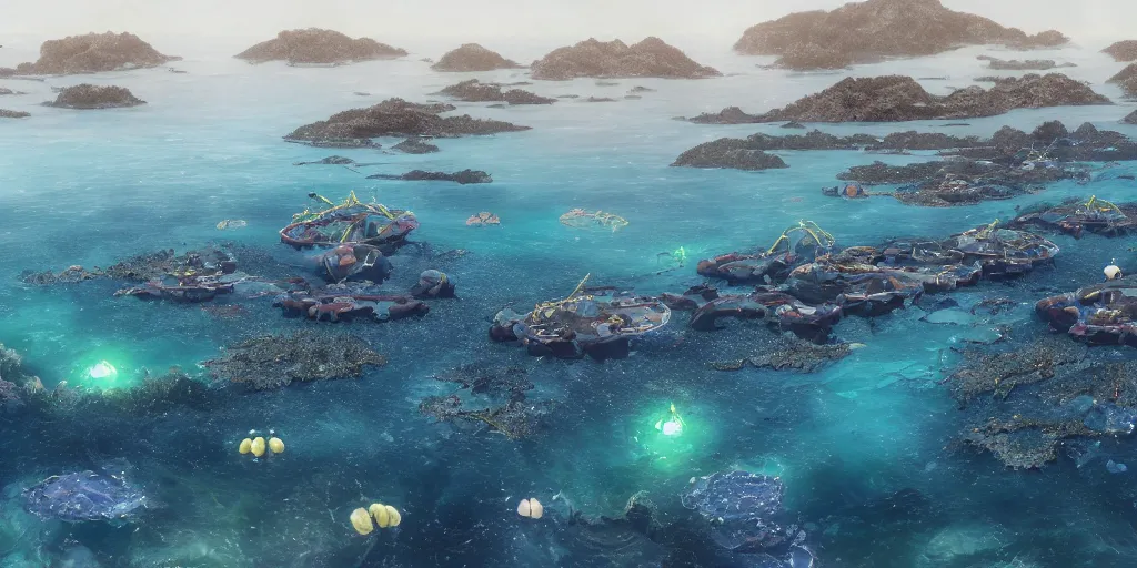 Image similar to clusters of housecrafts floating on a beautiful ocean, aquaculture seaweed farms, view from a boat, fusion of subnautica and star trek, by noriyoshi ohrai, beautifully detailed 4 k octane render, 4 k post processing