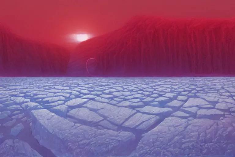 Image similar to surreal frozen landscape, winter sun, light beams, painting by beeple and zdzisław beksinski, sharp focus, red color scheme, a matte painting by li shida, cgsociety, context art, redshift, matte painting, reimagined by industrial light and magic