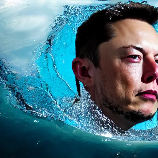 Image similar to water artwork manipulation in the shape of elon musk head, on the ocean water, ray tracing, realistic water sharp focus, long shot, 8 k resolution, cinematic, amazing water art