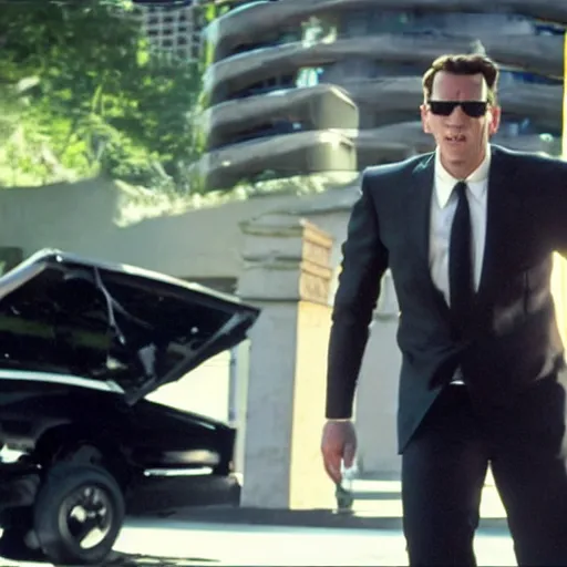 Image similar to Live Action Still of Jerma985 in Men in Black, real life, hyperrealistic, ultra realistic, realistic, highly detailed, epic, HD quality, 8k resolution, body and headshot, film still