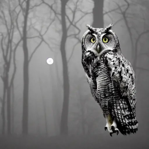 Image similar to huge owl with outstretched wings flapping flying at night through fog talons reaching for prey striking killing a rabbit in the forest lit by the full moon fog moving through feathers