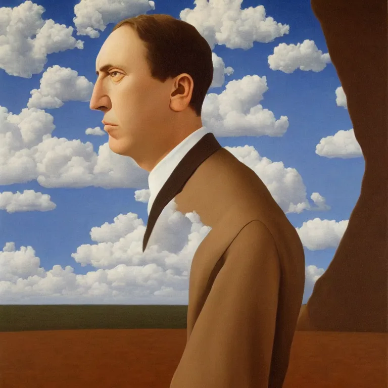 Prompt: portrait of maynard james keenan, clouds in the background, by rene magritte, detailed painting, distance, middle centered, hd, hq, high resolution, high detail, 4 k, 8 k