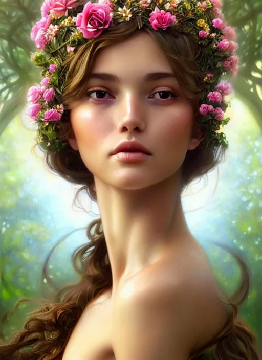 Image similar to perfectly feminine face!! full body portrait of young fairy earth goddess blessed by nature, floral sunlight crown, light brown hair, symmetrical! intricate, sensual features, dewy skin, reflective skin, highly detailed, digital painting, artstation, concept art, smooth, sharp focus, soft lighting, illustration, art by artgerm and greg rutkowski and alphonse mucha