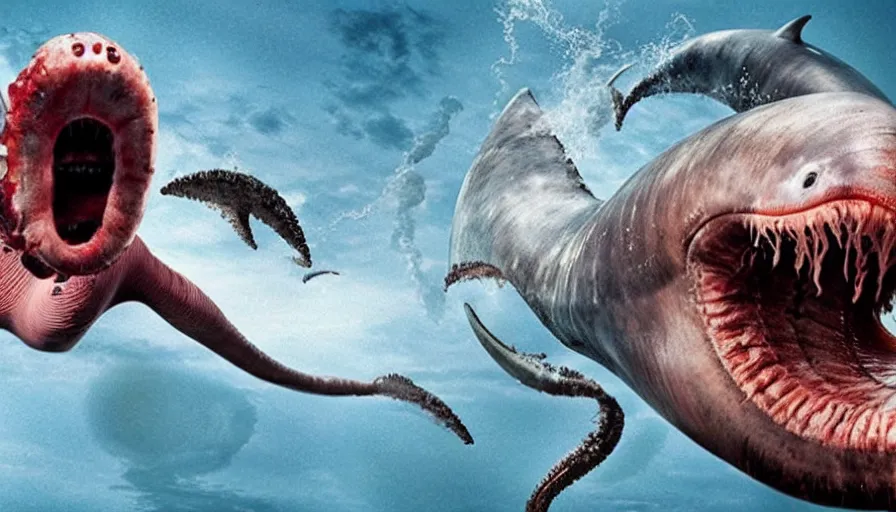 Image similar to big budget horror movie about a carnivorous earthworm attacking a cyborg dolphin