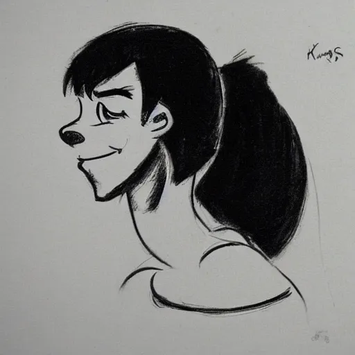 Image similar to milt kahl sketch of black hair cuban girl with dog nose