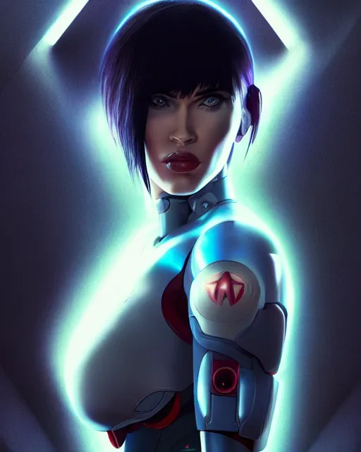 Image similar to still portrait photo of megan fox as the major ghost in the shell as cyborg woman by pixar, by weta, wlop, ilya kuvshinov, rossdraws, artgerm, maxim cover, latex, sweaty, iridescent, bright morning, anime, liosh, mucha