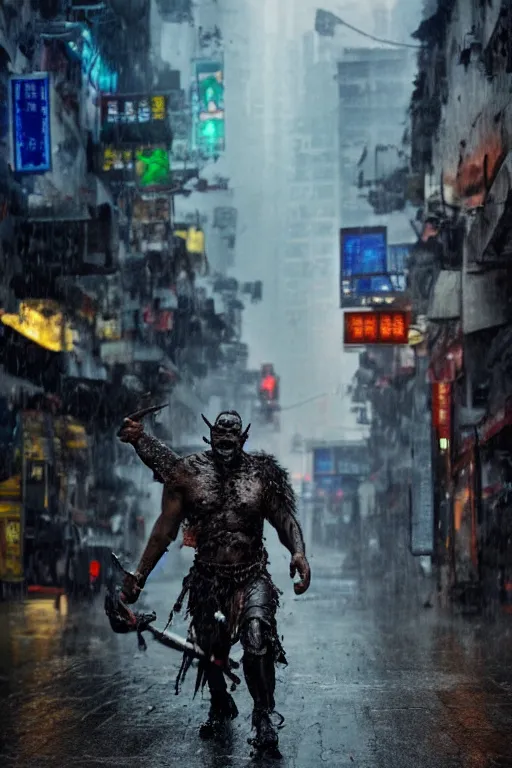 Image similar to a dynamic photograph of a orc warrior in a wet, dystopic Hong Kong bladerunner street. Realism.