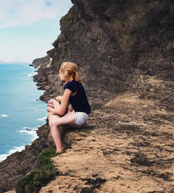 Image similar to a girl sitting on a cliff overlooking the beach, realistic photo, 4 k