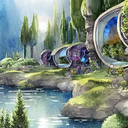 Image similar to beautiful happy picturesque charming sci - fi organic pod - like homes of the future in a beautiful natural scene. water, trees and rocks. beautiful light. soft colour scheme. beautiful artistic detailed watercolor by lurid. ( 2 0 2 2 )