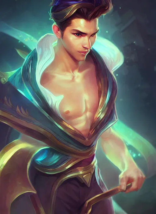 Image similar to handsome lux fortune from league of legends, half body shot, path traced, realistic, highly detailed, high quality, digital painting, hd, alena aenami, lilia alvarado, shinji aramaki, karol bak, alphonse mucha, tom bagshaw