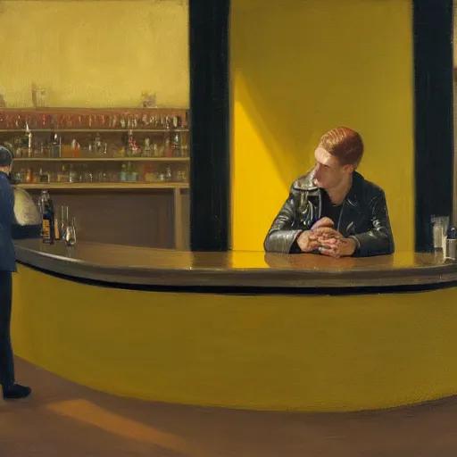 Prompt: a portrait of a lonely man in a leather jacket sitting in a bar full of people, the other people are all dressed in yellow protective suits, in the style of edward hopper, 4 k,