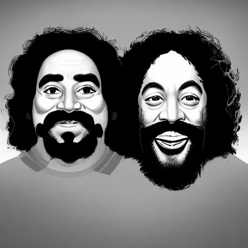 Image similar to portrait of cheech and chong, concept art, artstation, highly detailed, smoke background,