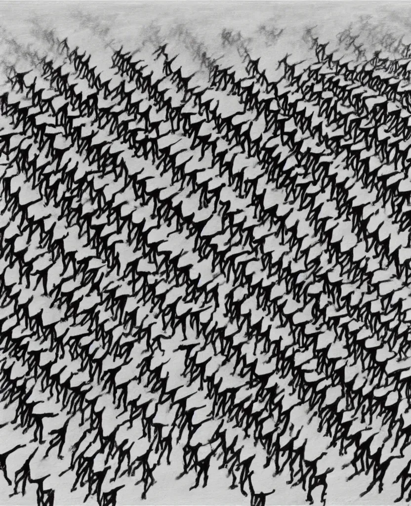 Image similar to a beautiful painting of running soldiers in el alamein battle, wwii,, black and white, painted by escher