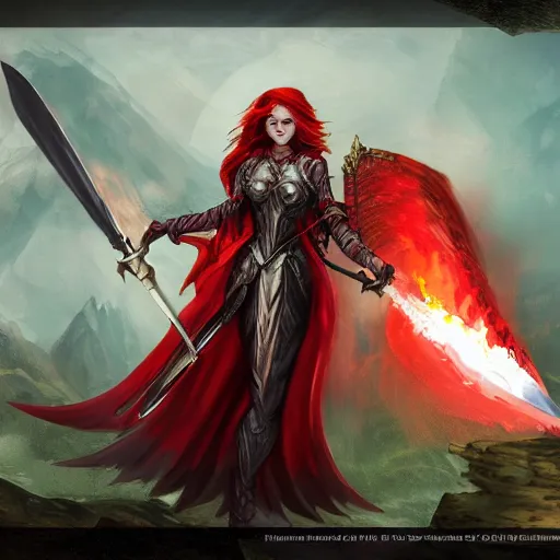 Image similar to fantasy concept art, ( ( winged ) ) ( red hair woman ) ( flaming sword ) ( ( ( plate armor ) ) ) ( ( ( ( devilish smile ) ) ) ), 4 k, painting