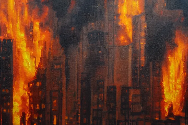 Prompt: buildings on fire, medium shot, realistic, oil on canvas, 8k high def, macro detail