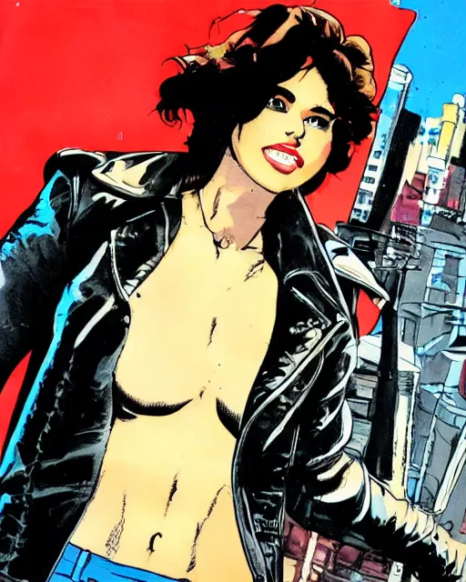 Image similar to young female protagonist in leather jacket, city street, artwork by frank miller