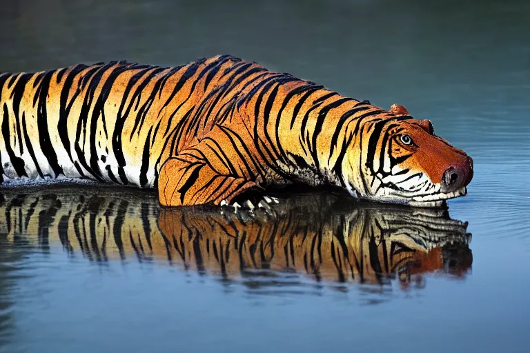 Image similar to an alligator tiger!!! hybrid! hyper realistic!! realistic lighting!! wildlife photographer of the year!!! bold natural colors, national geographic, hd, wide angle, 8 k