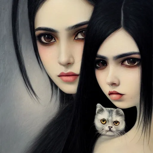 Image similar to a painting of an emo mexican woman with long dark hair thick eyebrows dark eyes and dark circles wide nose big eyes oval face shape big cheeks holding her cat, photorealistic painting by tran nguyen ilya kuvshinov and greg rutkowski featured on deviantart, gothic art, goth, gothic, detailed painting