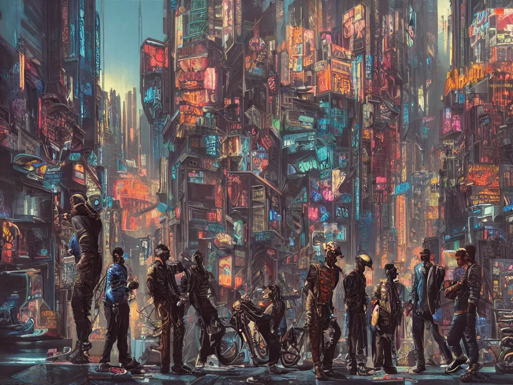 Prompt: a hyperrealistic matte painting of a cyberpunk gang on the streets of a lofty city, gritty, cyberpunk ads, piping, cables, art deco architecture, graffiti, fine detail, intricate, polished, blue color scheme, cinematic lighting, by john smith, noriyoshi ohrai