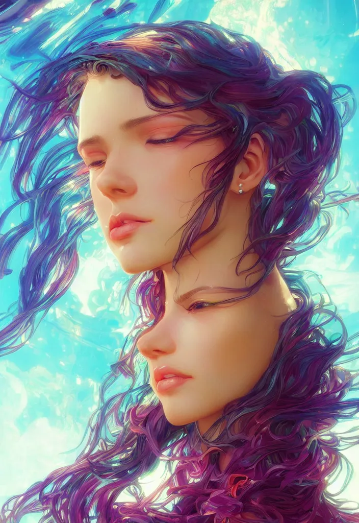 Image similar to beautiful, young woman, detailed gorgeous face, vaporwave aesthetic, synthwave, colorful, psychedelic, artstation, concept art, smooth, extremely sharp detail, finely tuned detail, ultra high definition, 8 k, unreal engine 5, ultra sharp focus, illustration, art by artgerm and greg rutkowski and alphonse mucha