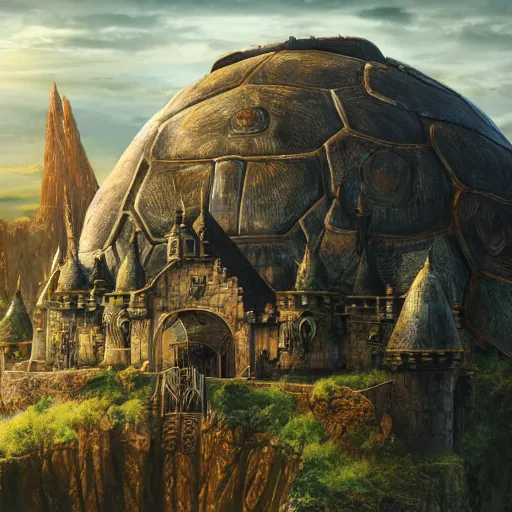 Image similar to large fantasy castle covering the top of the giant tortoise moving across harsh wasteland with sharp rays of sunlight, mortal engines howls moving castle, distant - mid - shot, fantasy, hyper detailed, 4 k