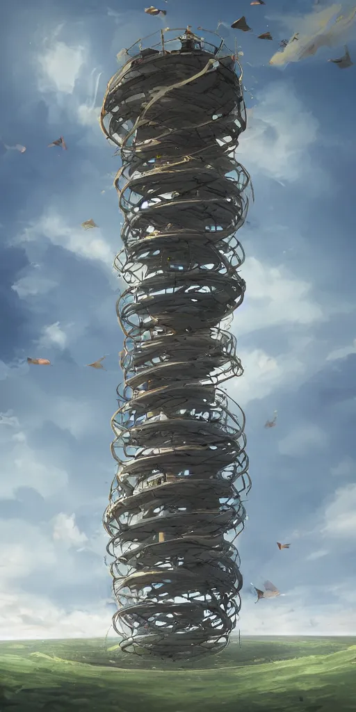 Prompt: concept art of a never - ending tower spiralling into the air