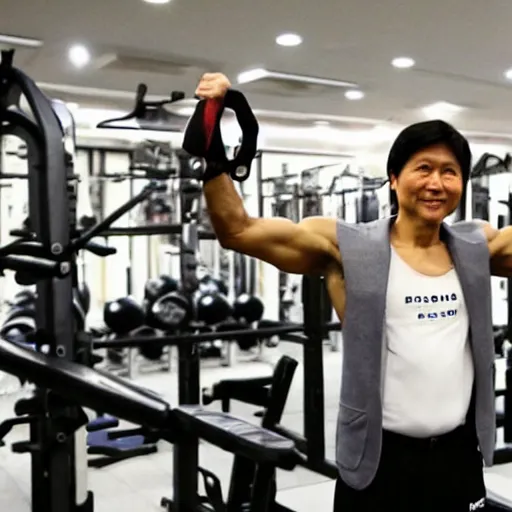 Prompt: A very muscular BongBong Marcos flexing in the gym