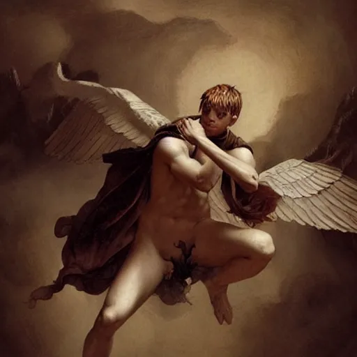 Prompt: androgynous fallen angel with shaved head on one falling through the sky while battling superior larger angels, beautiful, hd, high detailed, 4 k, art by leonardo da vinci, art by greg rutkowski