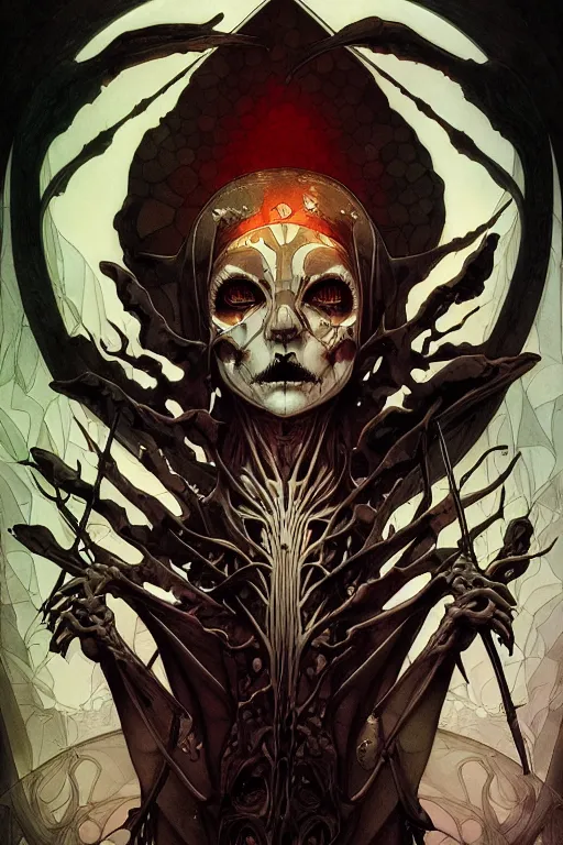 Image similar to artgerm, joshua middleton, mucha, beksinski, moebius, heavy metal comic cover art, psychedelic triangular skeletal calcification fungus lich, full body, hollow eyes, symmetrical face, long black crown, in a dungeon background, moody dark colors