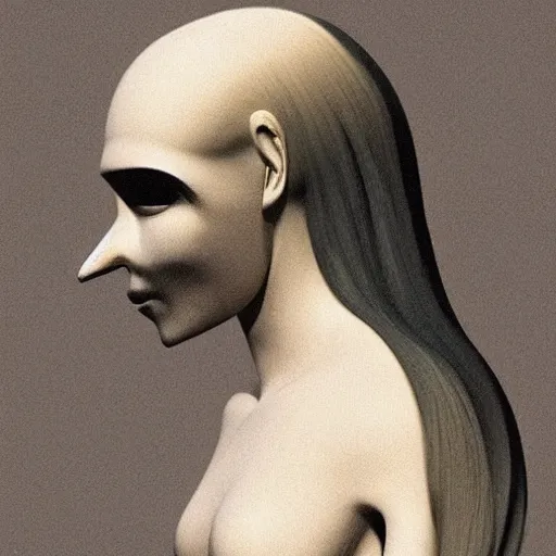 Prompt: A beautiful computer art of a human-like creature with long, stringy hair. The figure has no eyes, only a mouth with long, sharp teeth. The creature is standing on a cliff overlooking a dark, foreboding sea. by Alexander Archipenko composed, imposing