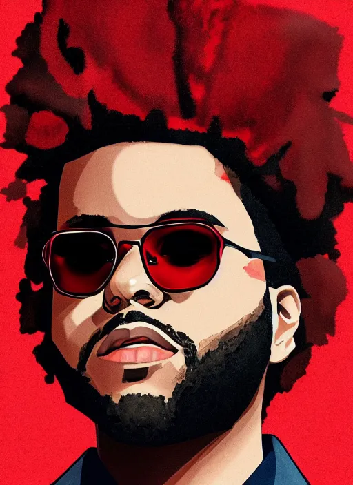 Prompt: a portrait of The Weeknd with a red suit and glasses, digital art, beautiful digital art, 4k, hd, artstation