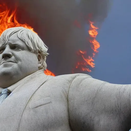 Image similar to a marble sculpture of a giant corpulent boris johnson standing astride the british isles on fire