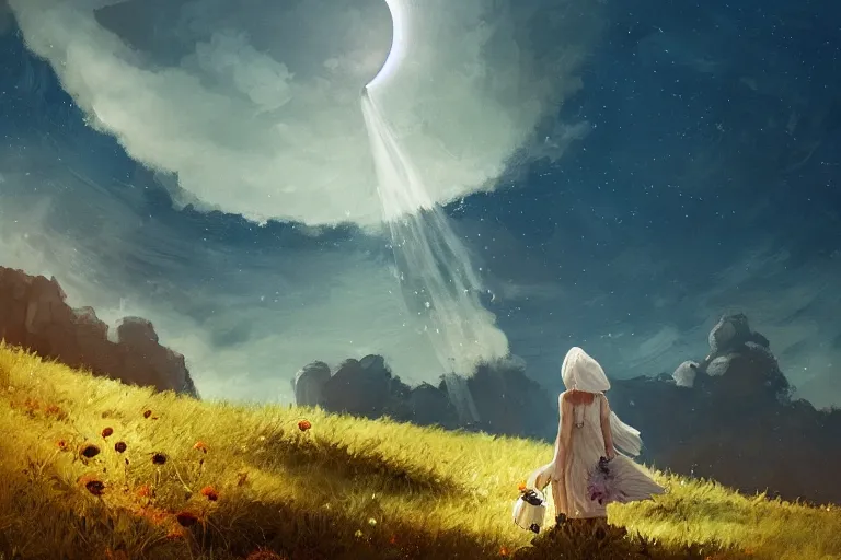 Image similar to giant white daisy flower under the head, girl walking on cliff, surreal photography, solar eclipse, milky way, dramatic light, impressionist painting, clouds, digital painting, artstation, james gilleard, liam wong, jeremy mann, simon stalenhag