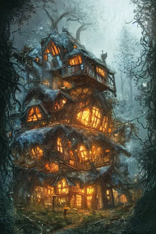 Image similar to a storybook illustration of a ramshackle multistory fairytale hut in the forest, intricate, elegant, fantasy, highly detailed, digital painting, concept art, sharp focus, artstation