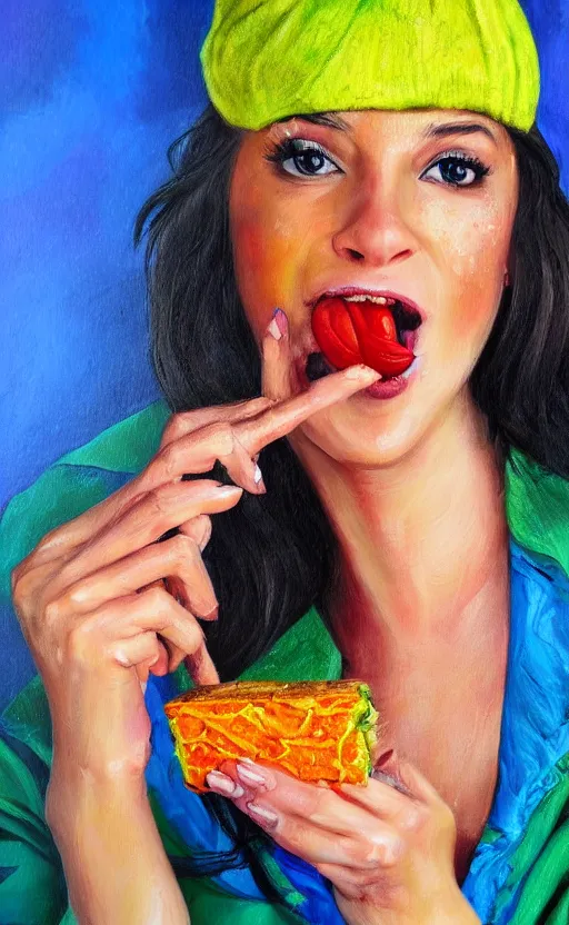 Prompt: amazing beautiful detailed painting of a beautiful woman enjoying a delicious mean. vibrant in colors, very funny, personal, positive, visually pleasing and engaging. high resolution. high quality. hq hd.