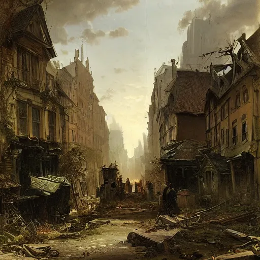 Prompt: post apocalyptic frankfurt city streets, overgrown, landscape, romanticism by andreas achenbach