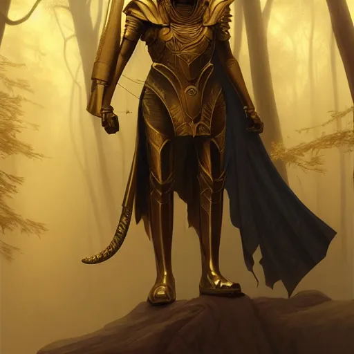 Image similar to long shot photo of anubis wear in golden heroic armour in the foggy forest, foggy bottom, highly detailed, digital painting, artstation, smooth, sharp focus, illustration, art by artgerm and greg rutkowski and alphonse mucha