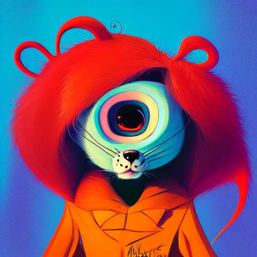 Image similar to curved perspective, extreme narrow, extreme fisheye, digital art of a marten animal cartoon character wearing a wig a jewlery by anton fadeev from nightmare before christmas