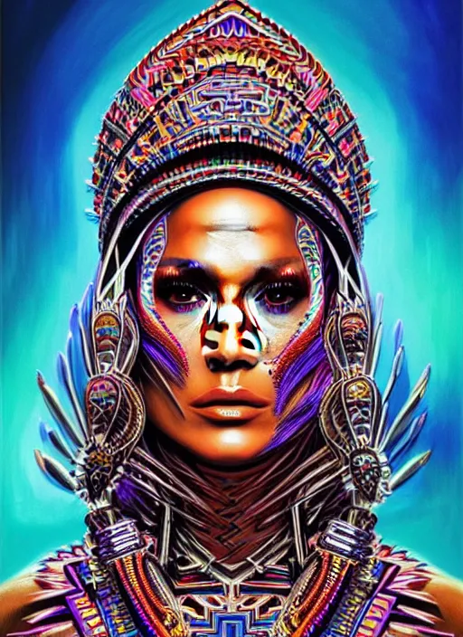 Prompt: portrait of jennifer lopez, hyper detailed ultra sharp aztec shaman warrior. trending on artstation, warpaint aesthetic, bloodwave, colorful, psychedelic, ornate, intricate, digital painting, concept art, smooth, sharp focus, illustration, art by artgerm and greg rutkowski and h. r. giger, 8 k