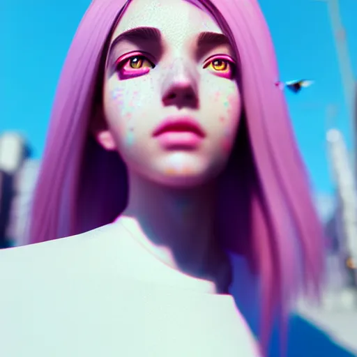 Image similar to selfie of a young woman, winged eyeliner, pastel clothing, urban environment, depth of field, octane render, digital painting, trending on artstation